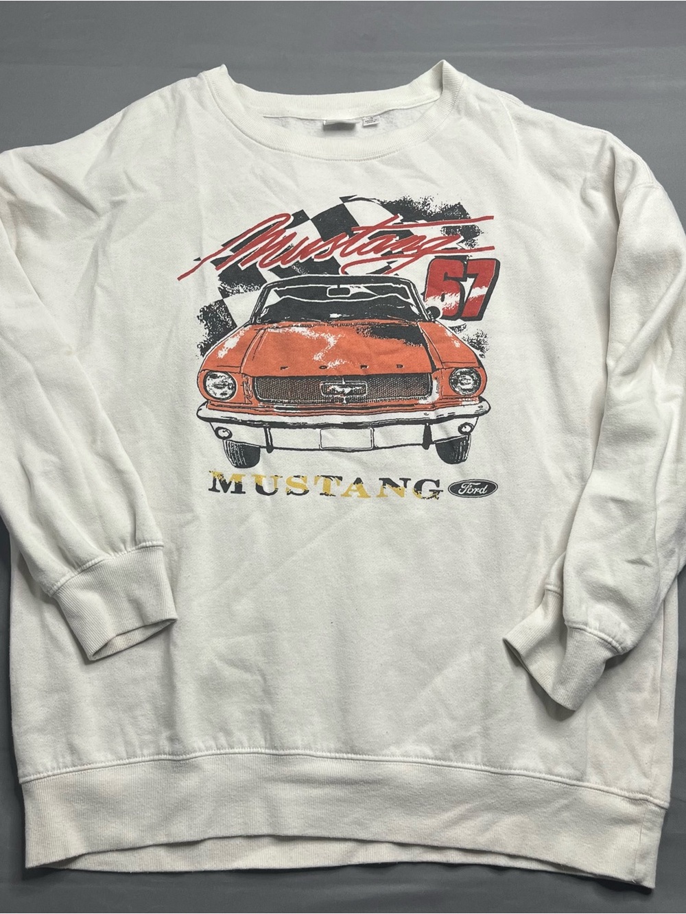 LG White Crewneck Sweatshirt with Orange Mustang Graphic